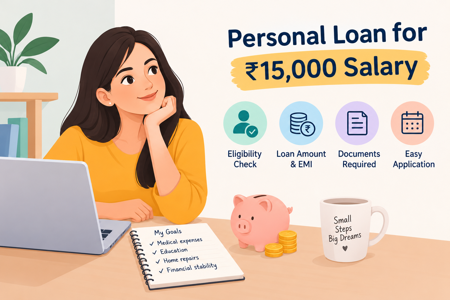 Personal loan for ₹15,000 salary showing loan eligibility, estimated loan amount and EMI, required documents, and online application process for salaried employees in India.